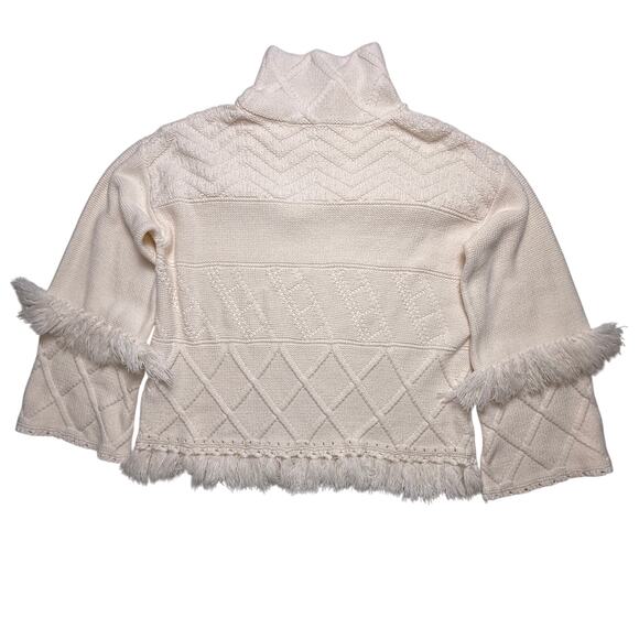Gianni Bini Fringe Knit Sweater Cream High Neck Textured Boho Western Medium - Picture 2 of 16